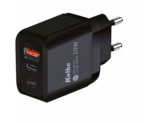 CARGADOR RAPIDO DE PARED KOLKE USB PD + QC 3.0 KCR-2576 NEGRO
