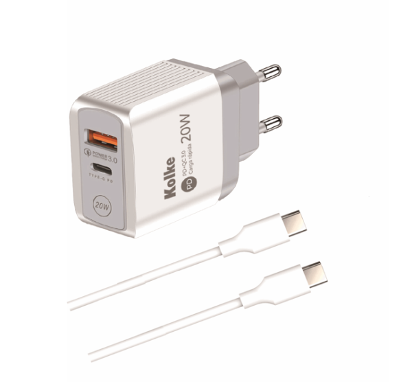 CARGADOR RAPIDO DE PARED KOLKE USB PD + QC 3.0 BLANCO KCR-2706